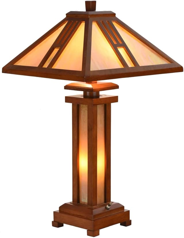 Detalle de Bieye L50796 Mission Tiffany-style stained glass table lamp with wooden base, 26 inches tall