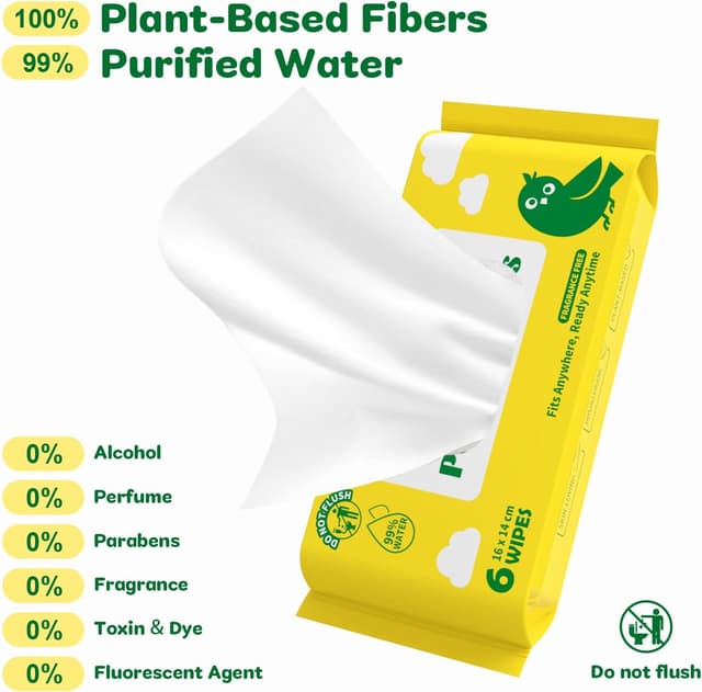 Detalle de DORAHONEY Dorahoney Lingettes Humides Voyage – lot de 12 (72 lingettes) sans parfum, hypoallergéniques