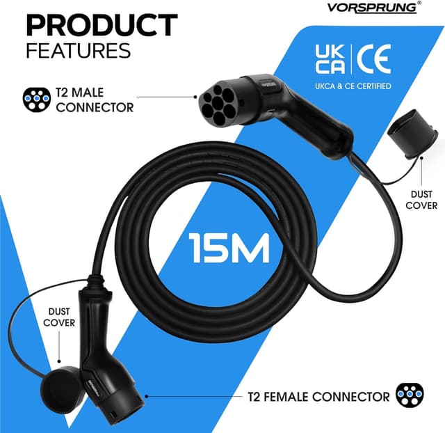 Detalle de Vorsprung Type 2 EV Charging Cable 15m (32A, 7.68kW) Type 2 to Type 2, Single Phase Mode 3