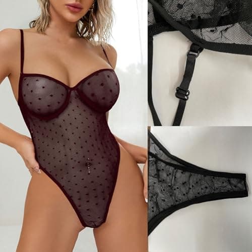 Thumbnail 8 de ROSVAY body transparente sexy de encaje con cuello en V y correas ajustables (lencería tipo babydoll) en negro, talla única