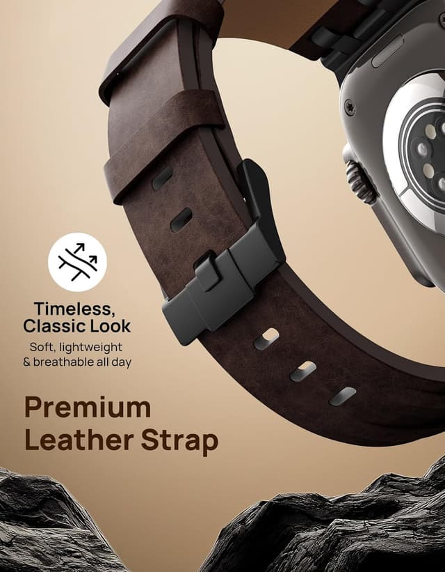 Detalle de MoKo Bracelet en cuir pour Apple Watch (Crazy Horse) avec connecteurs métal — compatible 49/46/45/44/42 mm