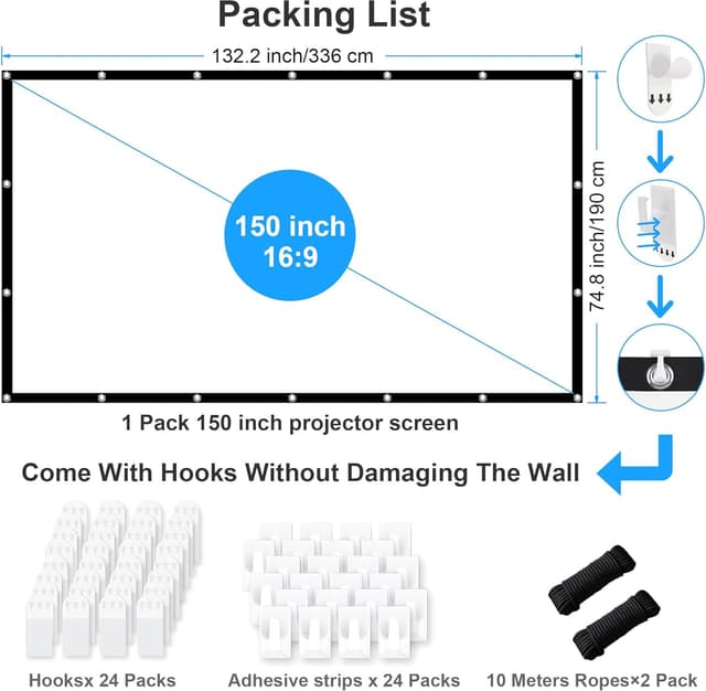 Detalle de Schermo per proiettore 150 pollici LEORFI (150”) 16:9 4K, doppia faccia, pieghevole anti-rughe 336x190 cm