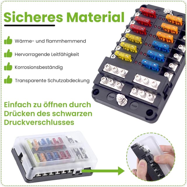 Detalle de Offgridtec 12-fach Sicherungshalter mit LED-Anzeige, LED-Fehlererkennung und PBT-Gehäuse (inkl. 24 Flachsicherungen)