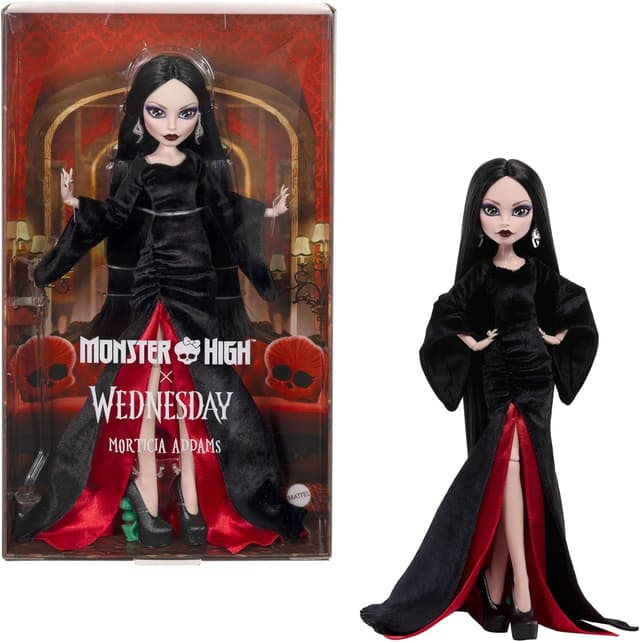 Detalle de Monster High x Wednesday Puppe „Morticia Addams“ (Sammelfigur im schwarz-purpurroten Samtkleid) – JLK99