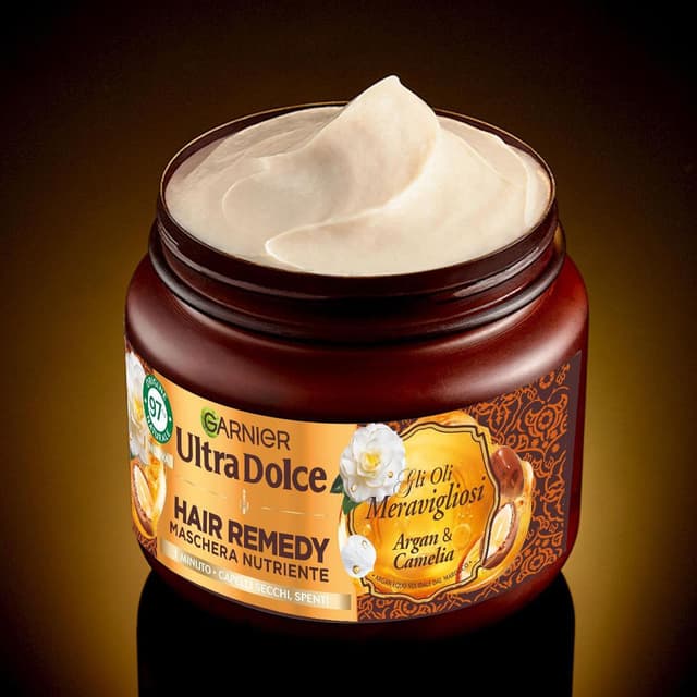 Detalle de Garnier Ultra Dolce Hair Remedy Masque nourrissant à l’huile d’argan bio et de camélia – 340 ml