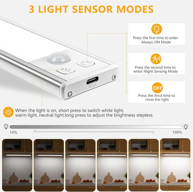 Detalle de OUILA Luce LED per armadio ricaricabile con sensore, 3 temperature colore e dimmer USB-C