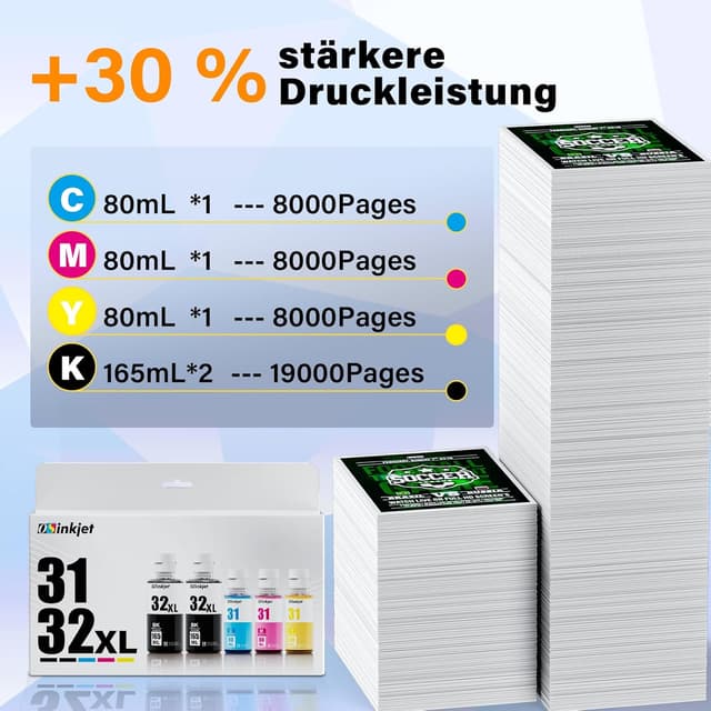 Detalle de Osinkjet Druckertinten 31/32XL kompatibel für HP Smart Tank (31 Cyan/Magenta/Gelb, 32XL Schwarz)