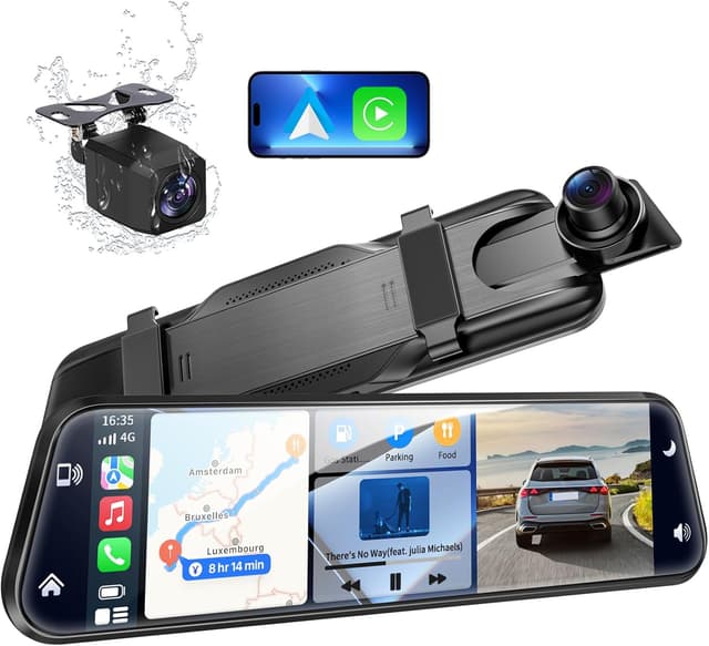 Detalle de KOUENOM 2.5K Mirror Dash Cam with CarPlay & Android Auto, 10” Rear View Mirror Camera (64GB Included)