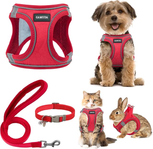 Detalle de GAMUDA Small Dog Harness Collar and Leash Set (Red, S) – step-in no-choke mesh vest with reflective trim