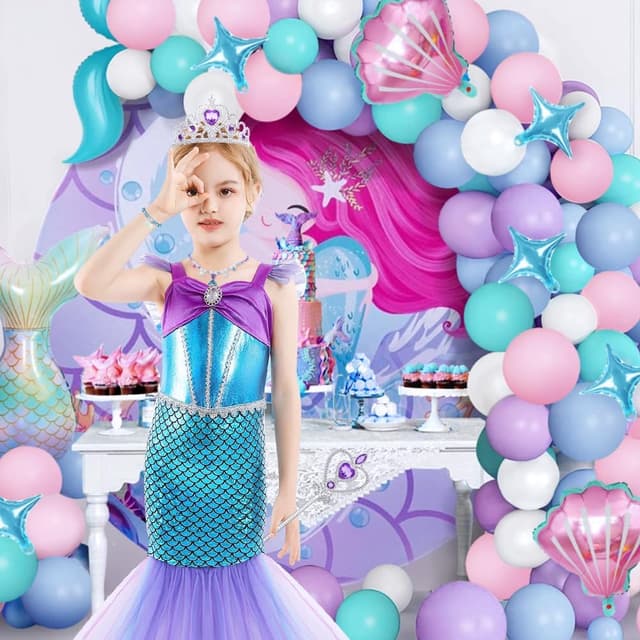 Detalle de AYBUY Vestito Sirenetta Bambina con corona, scettro e gioielli: costume da principessa sirena per Halloween, Natale e compleanno