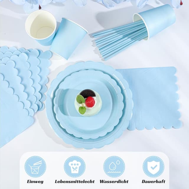 Detalle de NatNarr 125-teiliges Partygeschirr-Set Hellblau für 25 Gäste (Teller, Becher, Servietten & Papierstrohhalme)