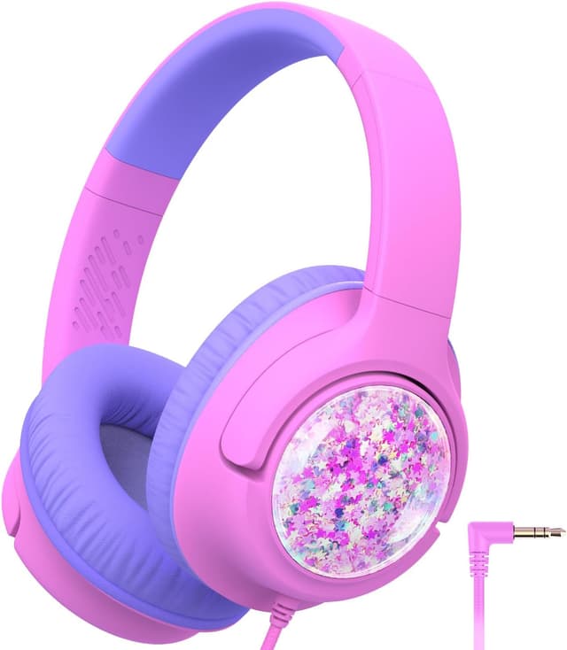 Detalle de iClever Kids Wired Headphones (85 dBA volume limit) – Foldable Over-Ear for School (Purple Glitter)