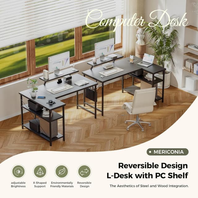 Detalle de Mericonia Small L-Shaped Desk with LED (120x70cm) and Monitor Stand, Black