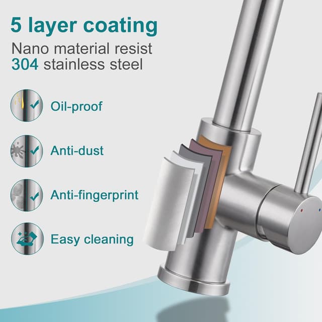 Detalle de WOOHSE Niederdruck Küchenarmatur mit ausziehbarer Brause, 2 Modi und 360° Drehung aus Edelstahl (gebürstet)