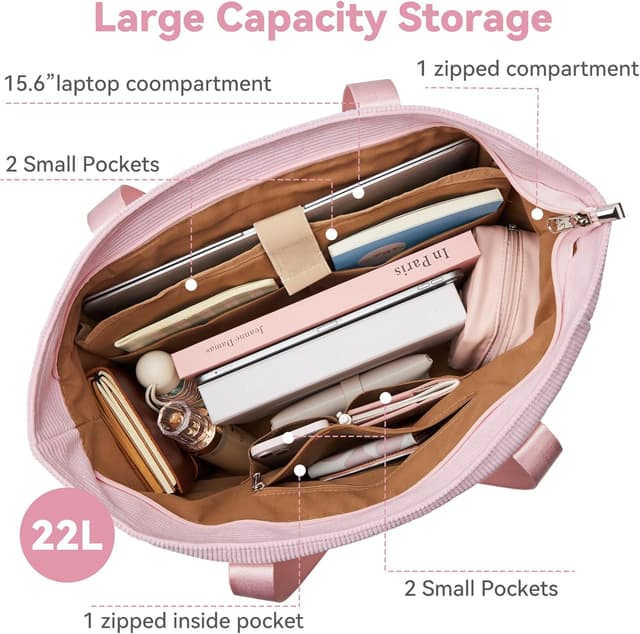 Detalle 2 de KALIDI Corduroy Large Zipped Tote Bag with 6 Pockets (fits up to a 16-inch laptop)