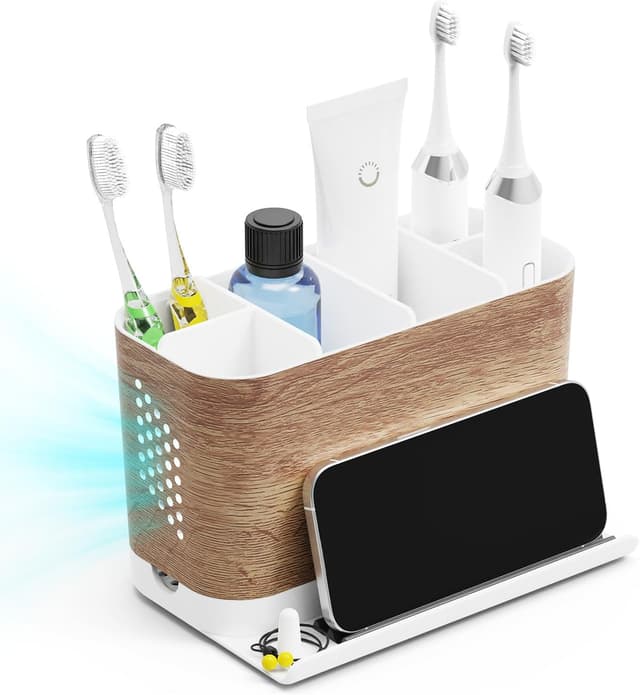 Detalle de toprance Detachable Wood Grain Toothbrush Holder with 6 Slots, Front Ledge & Cord-friendly Design