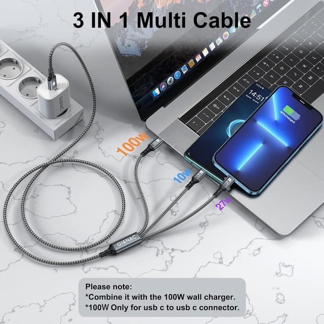 Thumbnail 5 de GIANAC 100W USB-C Multi Kabel Lang 2M 3-in-1 Ladekabel