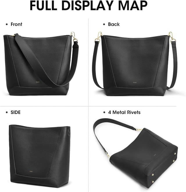 Detalle de Kattee Top Grain Leather Bucket Bag with Adjustable Crossbody Strap (Medium Hobo Shoulder Purse)