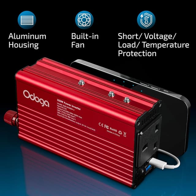Detalle de Odoga 500W Power Inverter 12V to 230V with UK Plug Socket and USB-C (65W) / USB-A (18W)