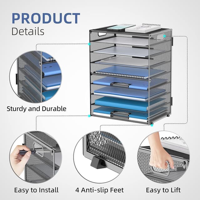 Detalle de SUPEASY 9-Stufen Papier-Briefablage mit Griffen – Schreibtisch-Organizer aus Mesh, schwarz