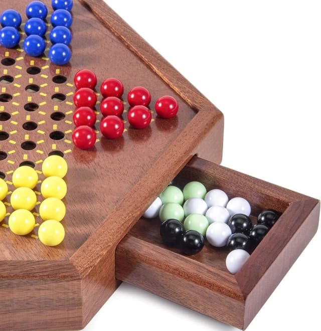 Detalle de AMEROUS 12.5-Inch Wooden Chinese Checkers Set with Storage Drawer (60 Acrylic Marbles + 12 Spare)