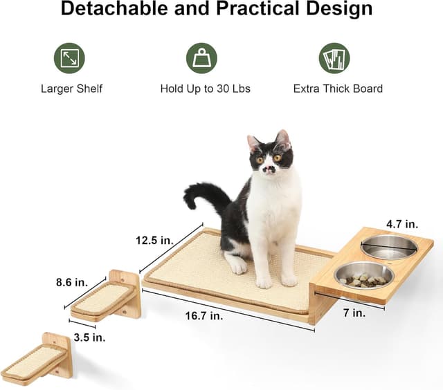 Detalle de Fukumaru 3-in-1 Cat Furniture Set with 2 Steps – Wall Perch, Steps & Wall-Mounted Bowl