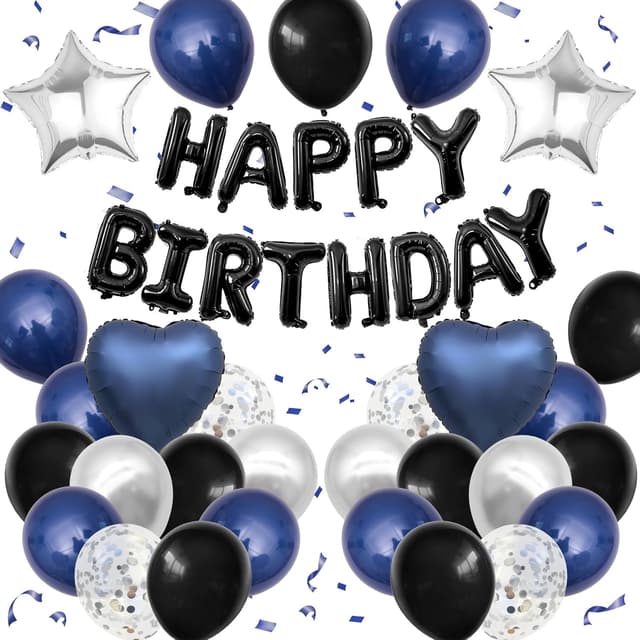 Detalle de Navy Blue & Black “Happy Birthday” Balloon Decoration Set with Silver Confetti Balloons