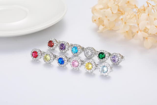 Detalle 2 de MASOP Ohrstecker Silber 925 mit Geburtsstein & Zirkonia – runde Ohrringe (10 mm)