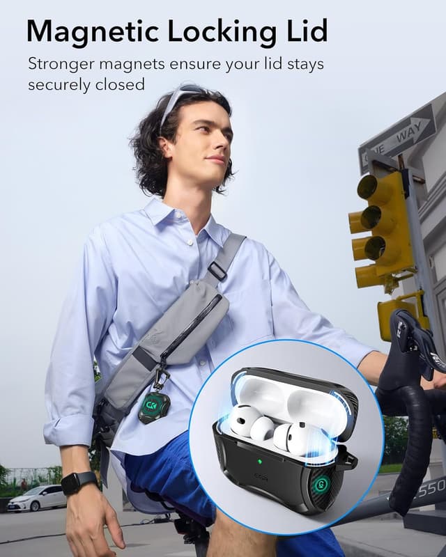 Detalle de ESR Hülle für AirPods Pro 3 (2025) mit USB‑C – MagSafe-ready, magnetischer Deckel & Fallschutz (Cyber-Serie), schwarz