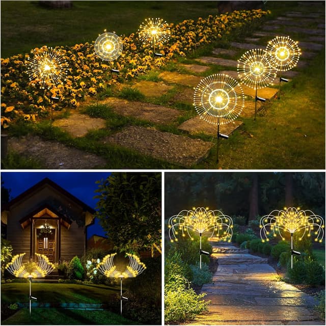 Thumbnail 6 de Solar Lights Outdoor Garden Solar Firework Starburst Stake Lights (120 LEDs, 8 Modes) – 4 Packs, Warm White