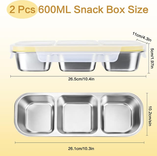 Detalle de lompyeu Snackbox mit Fächern (2er-Set) – Edelstahl-Brotdose für Kinder mit 3 Fächern