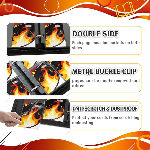 Detalle de Trading Card Binder 9 Pocket with Zipper, 3-Ring Album and 50 Removable Sleeves (Standard Size)