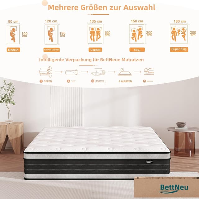 Thumbnail 6 de Bednew Matratze 90 x 200 cm Federkern 7-Zonen H3 (31 cm) mit Memory-Schaum & Öko-Tex