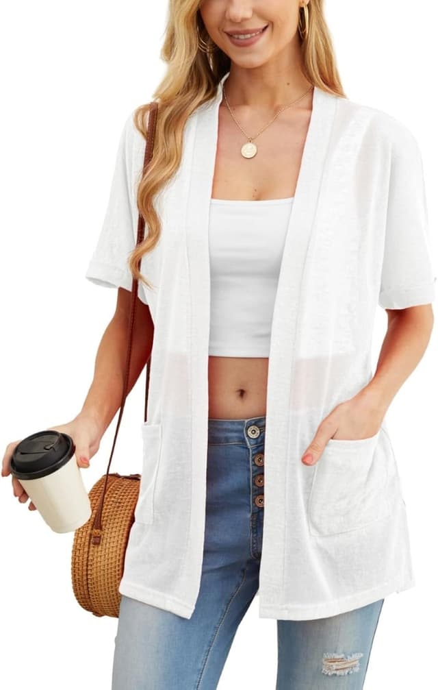 Detalle de PrinStory Women’s Lightweight Cardigan Long Sleeve – Open Front V-Neck with Pockets