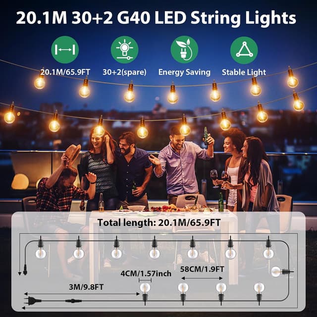 Thumbnail 8 de FIFlying Guirnalda Luces Exterior 20,1 M G40 🌟 Decoración Ideal