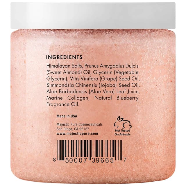 Detalle de Majestic Pure Himalayan Pink Salt Body Scrub with Collagen & Sweet Almond Oil (10 oz) — Exfoliating Salt Scrub for Smooth, Hydrated Skin