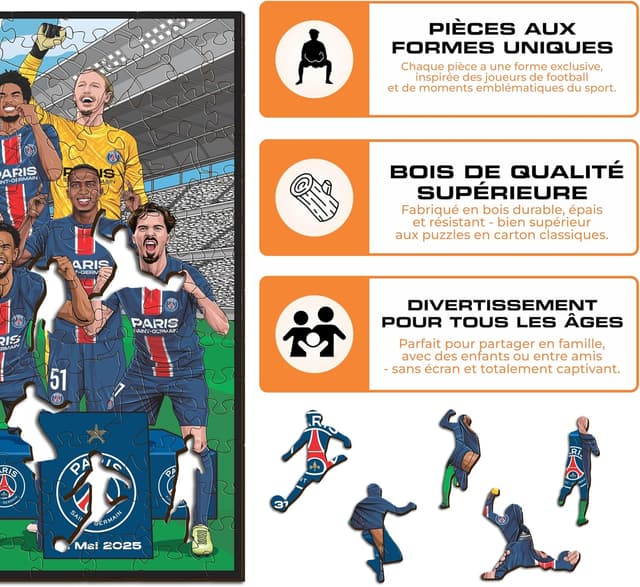 Detalle de Iconic Puzzles PSG Team Treble Winners 2024/25 – Puzzle en bois sous licence officielle, 150 pièces (taille S)