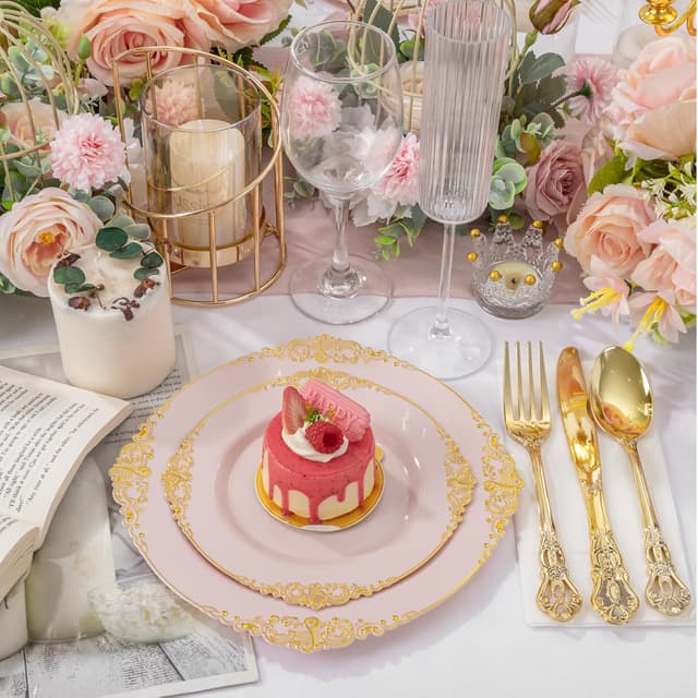 Detalle de Joyido 200PCS Pink and Gold Disposable Plates Set for Weddings, Bridal Showers, and More