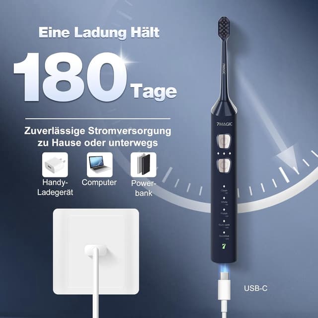 Detalle de Elektrische Schallzahnbürste (leise) mit 3 Intensitäten, 5 Modi, Timer und IPX7 – 40.000 vpm, 180 Tage Akkulaufzeit, Blau
