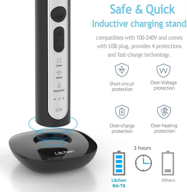 Detalle 2 de Lächen Sonic elektrische Zahnbürste (Schallzahnbürste) mit Timer, 4 Aufsteckbürsten & Reisetasche – B-Schwarz