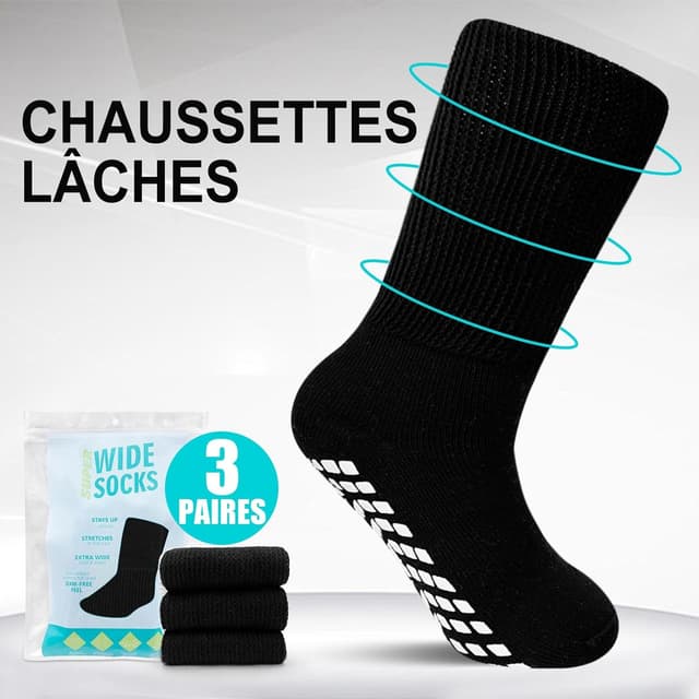 Detalle 2 de LOFIR chaussettes diabétiques antidérapantes extra larges (sans couture), coton, lot de 3 paires