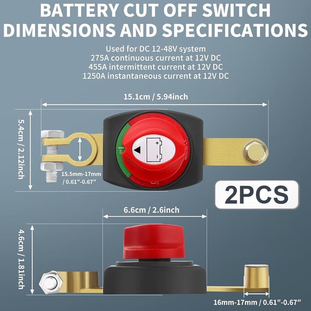 Detalle de TZEKING Batteriehauptschalter (2er-Set) für DC 12–48V – Trennschalter zum Isolieren der Auto-, Motorrad- und Marine-Batterie