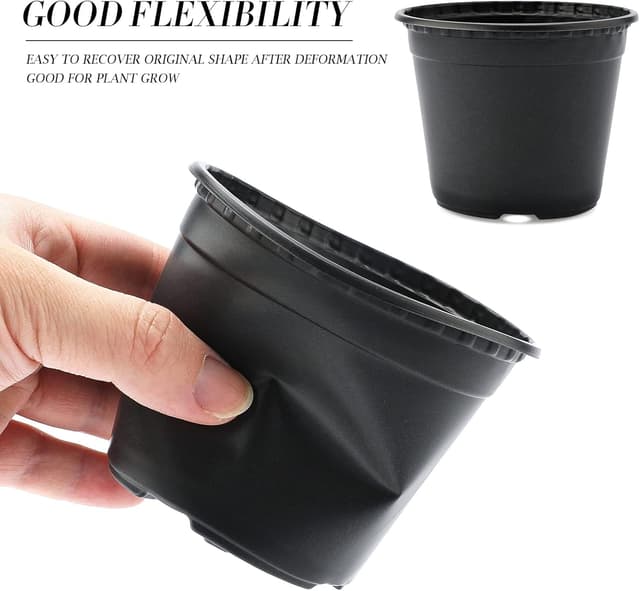 Detalle de KINGLAKE 50 black 10cm plastic plant pots + 100 white plant labels set for seedlings and cuttings