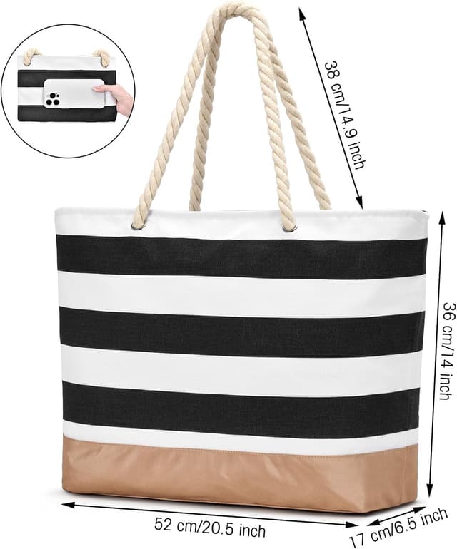 Detalle de oscaurt Strandtasche Tote Bag mit Reißverschluss – große wasserdichte Shopper für Bad, Reise & Alltag