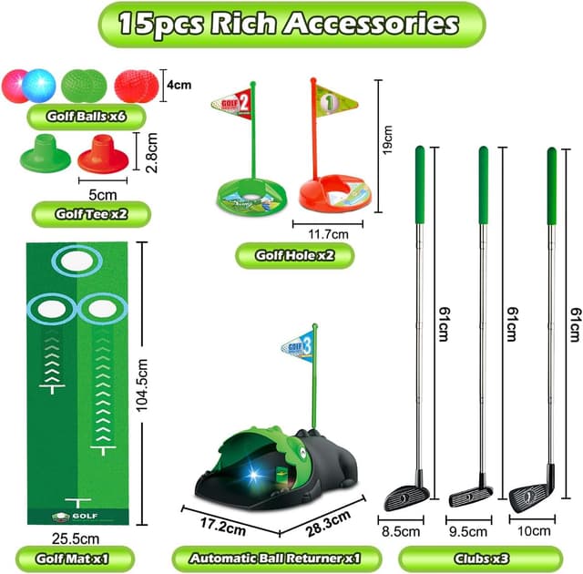 Detalle 2 de Clemas Upgraded Kids Toy Golf Set with Automatic Ball Returner, LED Light-Up Balls & Putting Mat