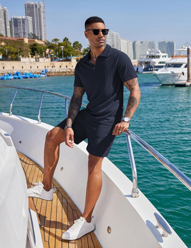 Detalle 2 de COOFANDY Men’s 2-Piece Quarter-Zip Polo Shirt and Shorts Set (Casual Athletic Summer Tracksuit)