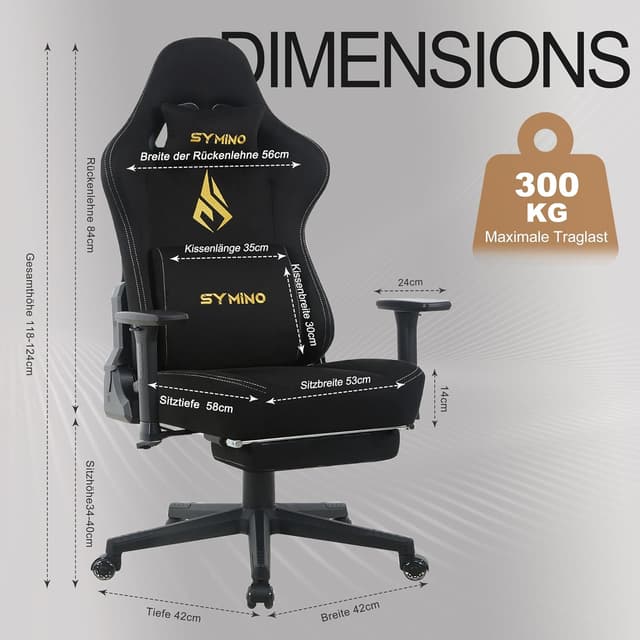 Detalle de Symino Gaming-Stuhl mit Latex-Sitzkissen, Memory-Schaum-Lendenstütze & 300 kg Belastbarkeit – schwarz
