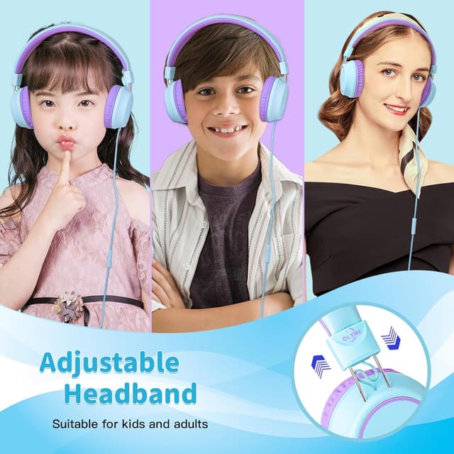 Detalle de Olyre Kids Headphones (Toddler Wired Headset with Mic) for School, Plane & Travel — Icy Mint Blue/Purple