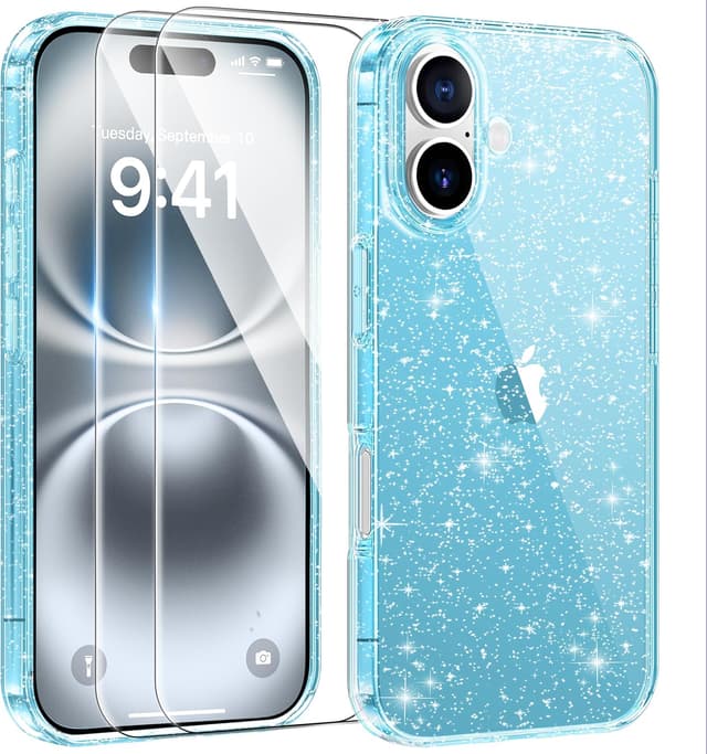Detalle de AROYI 3 in 1 Clear Glitter Case for iPhone 16 (6.1") with 2x Tempered Glass Screen Protectors, Blue