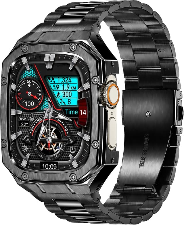 Detalle de BAITEYOU Stainless Steel Watch Band with Case for Apple Watch Ultra (49mm) — Black rugged metal bumper strap